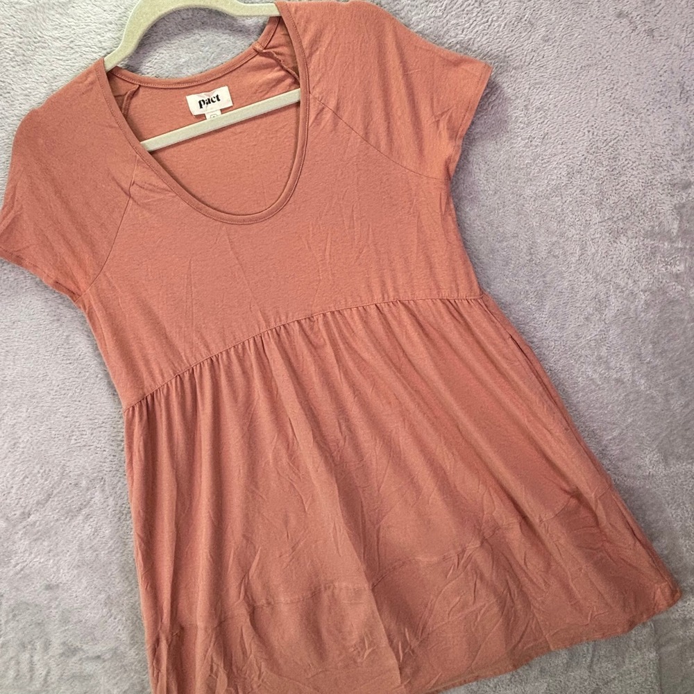 Pact Women Dress Sz S Terracotta Pink Organic Cotton Tiered Babydoll Mini